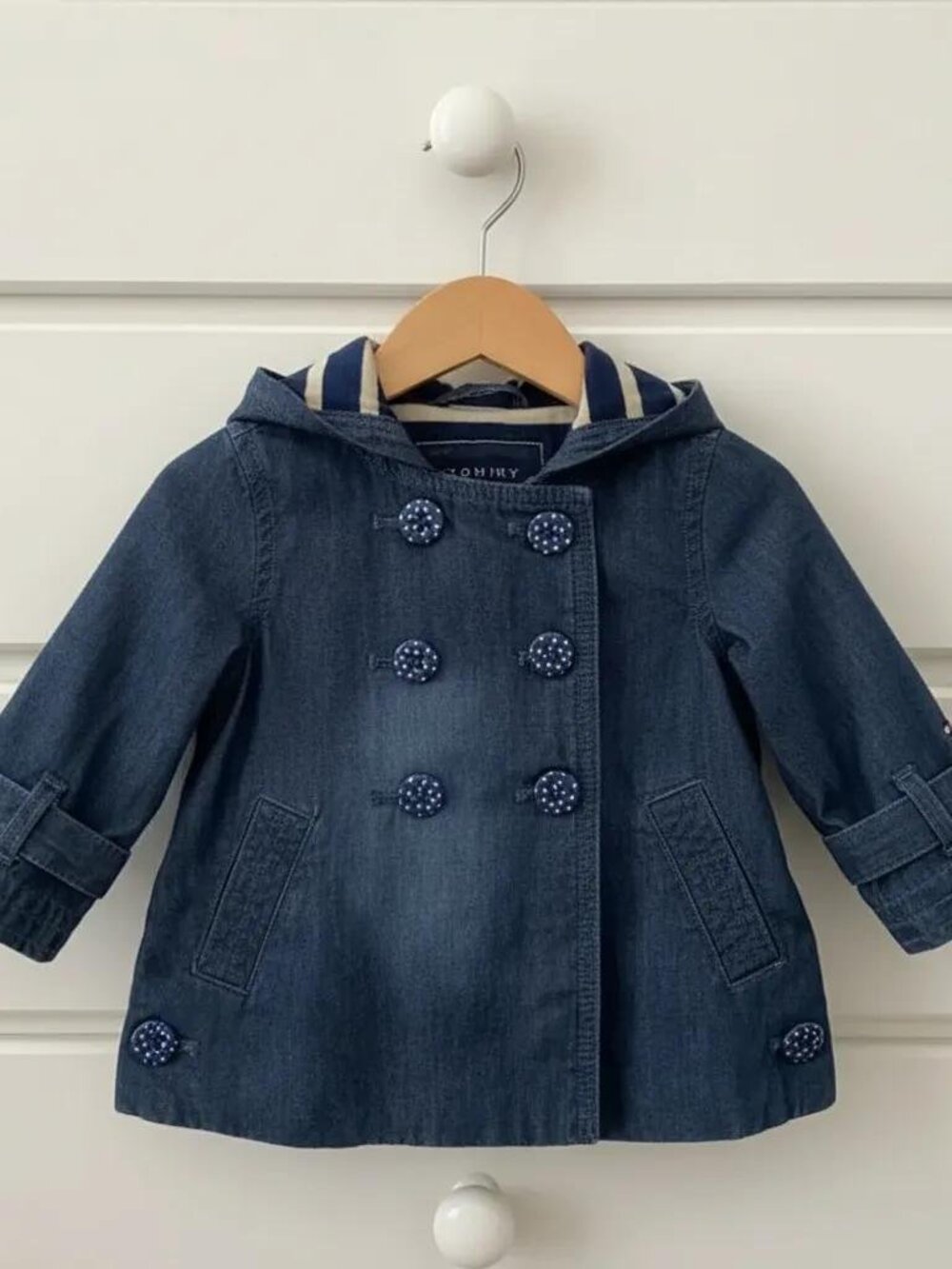 Tommy Hilfiger Baby Girls Hooded Denim Pea Coat Polka-Dot Buttons 6-9 Months